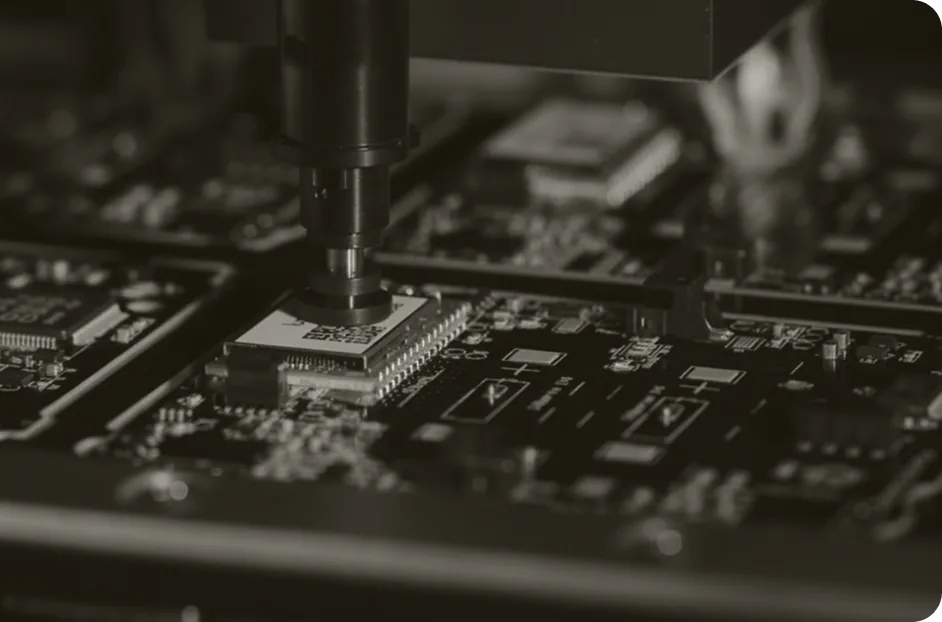 Pick-and-place head setting an IC onto a board
