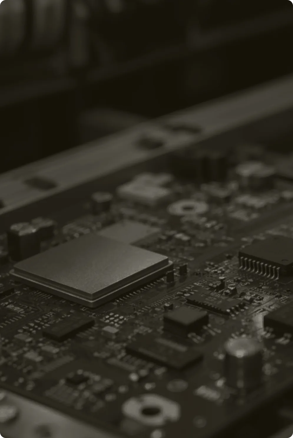 Close-up of a populated circuit board on the production line